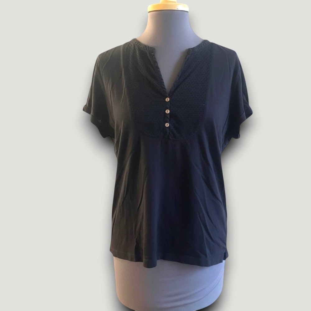 Charter Club Womens Top Black Henley M Petite Casual Cotton Minimalist Capsule - Picture 2 of 6